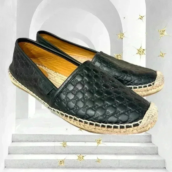 Authentic GUCCI Black Microguccissima Leather Slip On Espadrille Flats Size 35.5 - Picture 2 of 9